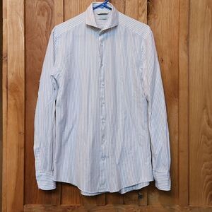 Suitsupply Egyptian Cotton Button Down Shirt, Slim Fit 15.5, Tan White Stripes